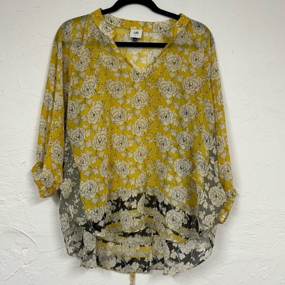 Cabi Yellow & Grey Floral Boho 3/4 Sleeve Blouse Womens S Sheer Puff Sleeve Top - Picture 1 of 12
